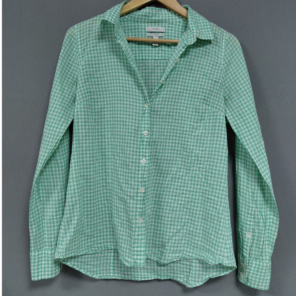 J.CREW Perfect Green Gingham Button-Up Shirt Long Sleeve Collared Size 6
